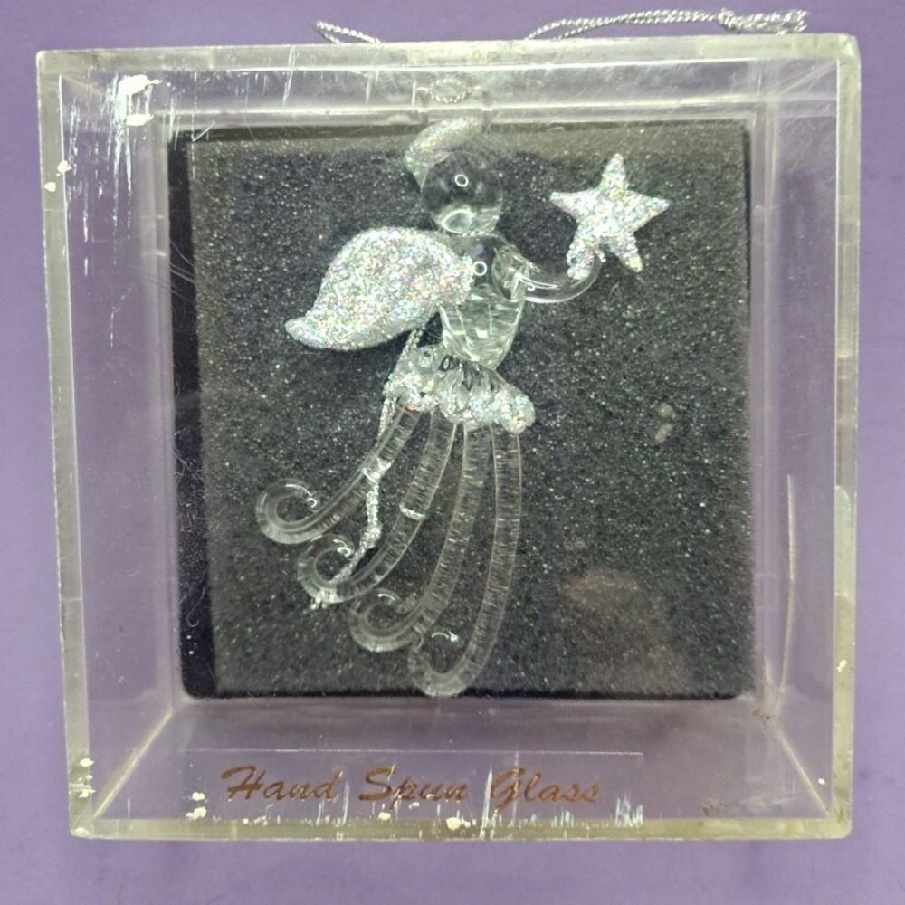 Hand Spun Glass Angel Ornament Holiday Hanging Decoration Glitter Star Gift Box